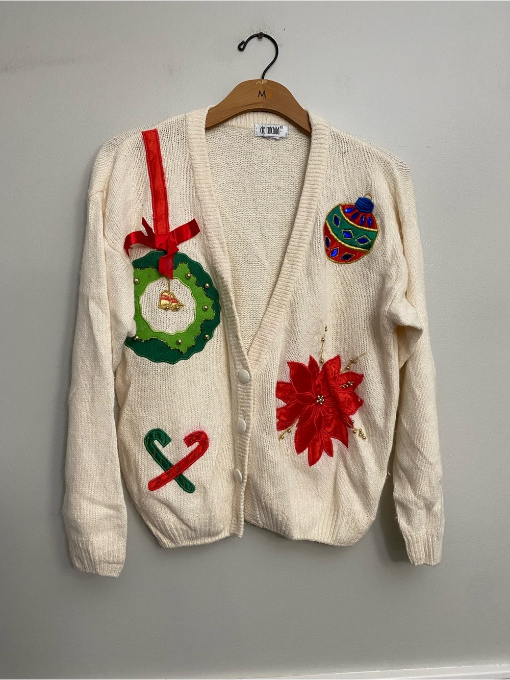 Vintage Embroidered Christmas Sweater Cardigan Wool Angora - M